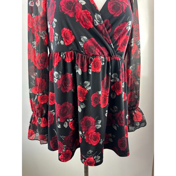 Torrid Rose Print V-Neck Blouse Sheer Ruffle Long Sleeve Top Plus Size 1 1X - Picture 5 of 15